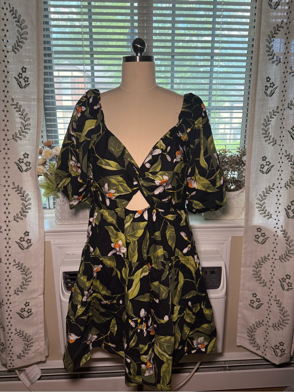 Express Black Floral Cutout Mini Dress with Green Leaf Print